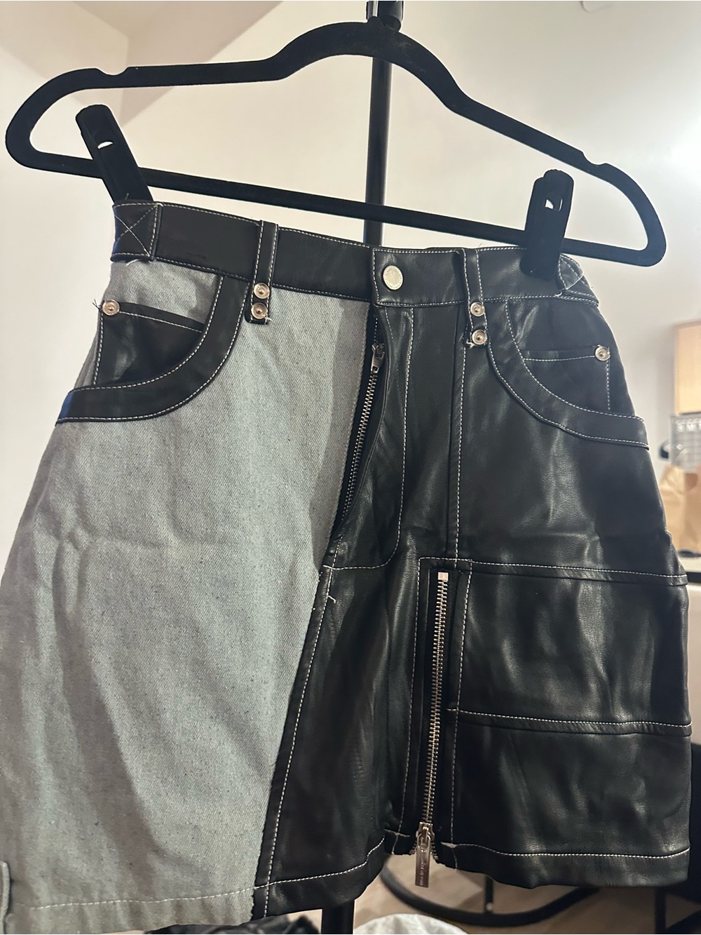 Maniere De Voir Black & Denim Two-Tone Mini Skirt